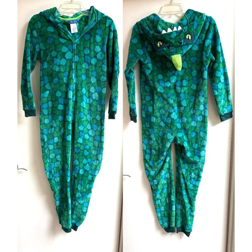 Boy Fleece Green Dinosaur One Pc Pajama Jumpsuit Hood Sleeper M 10-12 Saint Eve